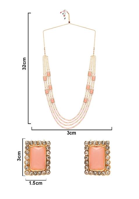 Gold Plated Traditional Stone Studded Multi Strand Long Pearl Necklace Jewellery With Stud Earrings Set