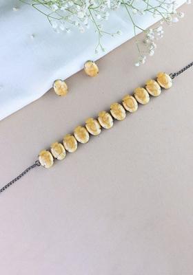 Glamorous Fashionable Eye Catching Yellow Beaded Choker And Earrings Set