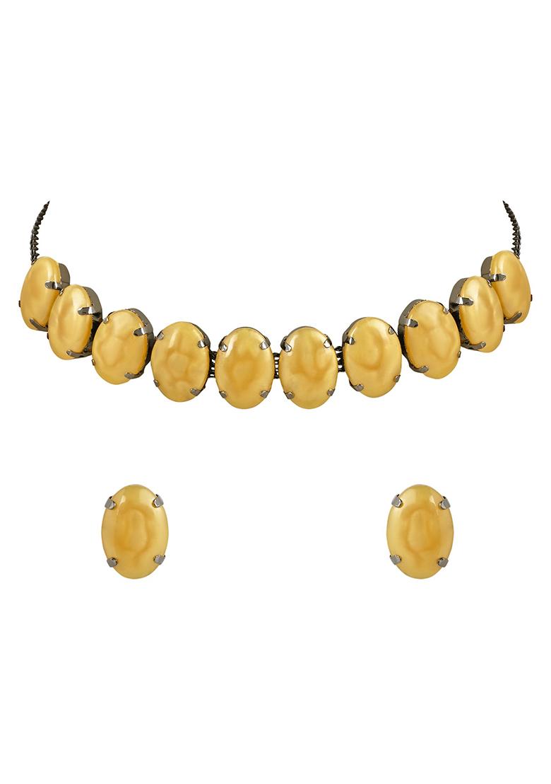 Glamorous Fashionable Eye Catching Yellow Beaded Choker And Earrings Set