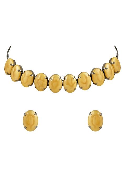 Glamorous Fashionable Eye Catching Yellow Beaded Choker And Earrings Set