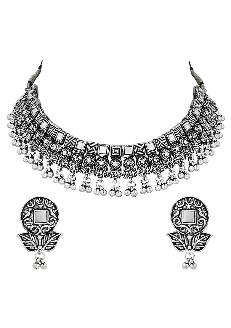 Navratri Ethnic Silver Oxidized Traditional Afghani Choker Necklace Jewellery Set