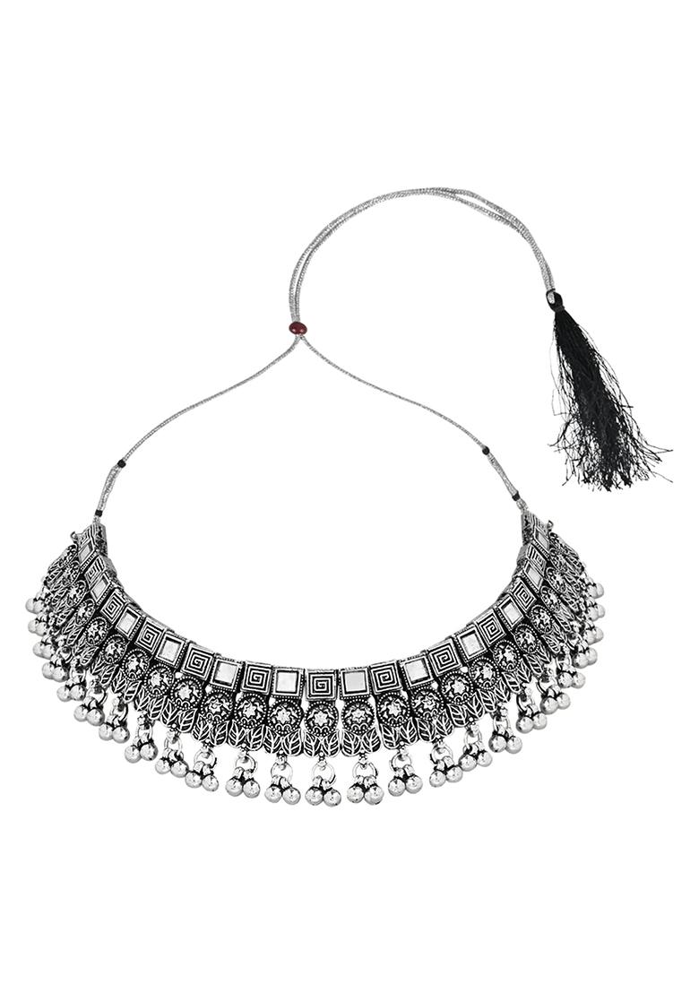 Navratri Ethnic Silver Oxidized Traditional Afghani Choker Necklace Jewellery Set