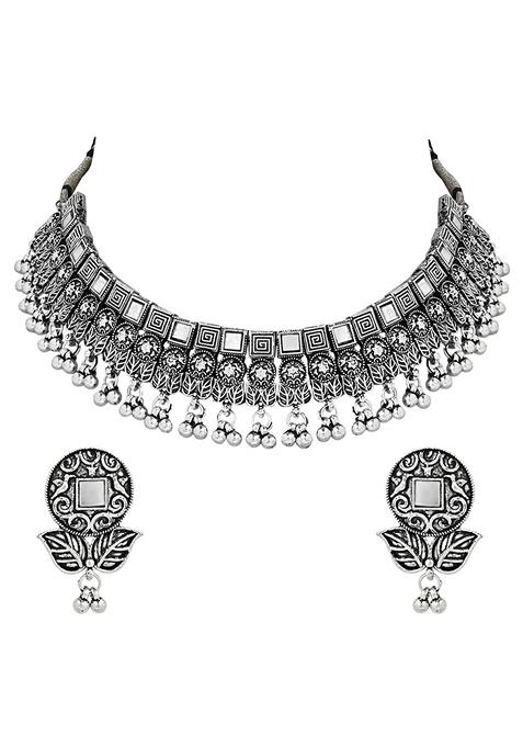Navratri Ethnic Silver Oxidized Traditional Afghani Choker Necklace Jewellery Set