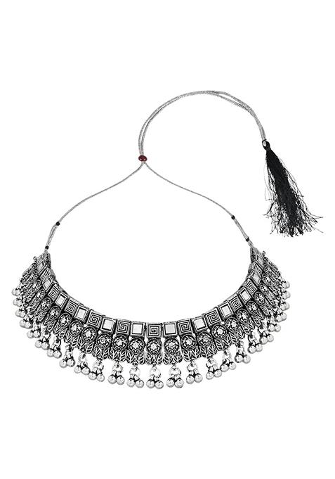 Navratri Ethnic Silver Oxidized Traditional Afghani Choker Necklace Jewellery Set