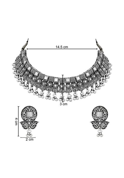 Navratri Ethnic Silver Oxidized Traditional Afghani Choker Necklace Jewellery Set