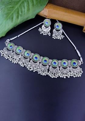 Navratri Oxidised Silver Plated Afghani Choker Necklace Jewellery Set