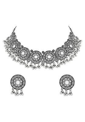 Navratri Ethnic Silver Oxidized Traditional Afghani Choker Necklace Jewellery Set