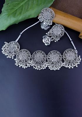 Navratri Ethnic Silver Oxidized Traditional Afghani Choker Necklace Jewellery Set