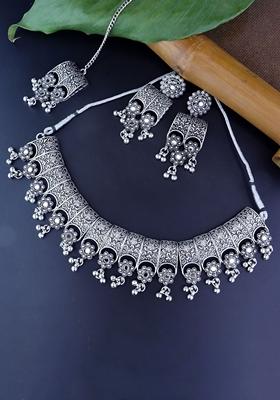 Navratri Ethnic Silver Oxidized Traditional Afghani Choker Necklace Jewellery Set