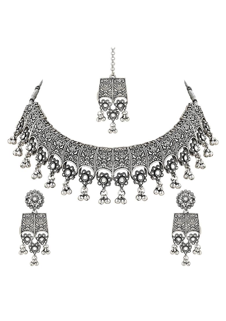 Navratri Ethnic Silver Oxidized Traditional Afghani Choker Necklace Jewellery Set