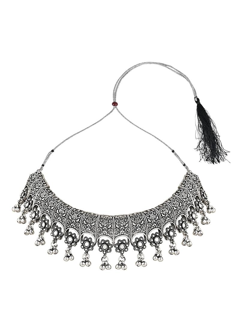 Navratri Ethnic Silver Oxidized Traditional Afghani Choker Necklace Jewellery Set