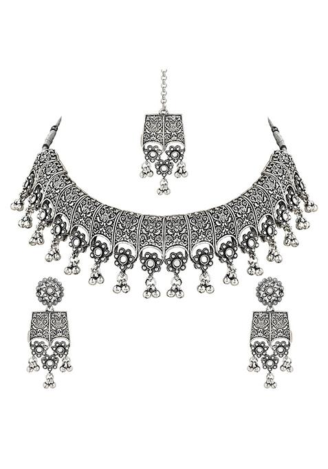 Navratri Ethnic Silver Oxidized Traditional Afghani Choker Necklace Jewellery Set
