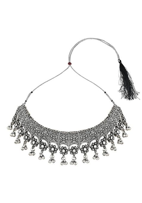 Navratri Ethnic Silver Oxidized Traditional Afghani Choker Necklace Jewellery Set