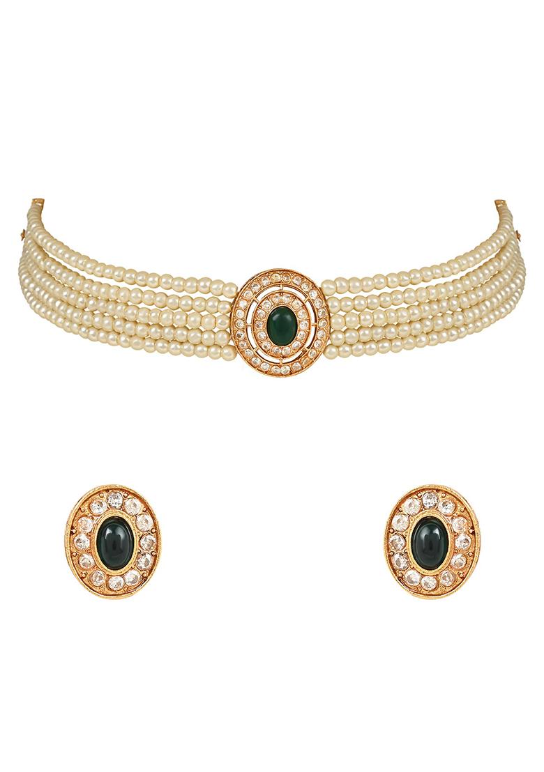 Gold Plated Traditional Handcrafted Stone Studded Pearl Choker Necklace Jewellery Set With Earrings