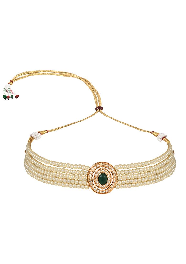 Gold Plated Traditional Handcrafted Stone Studded Pearl Choker Necklace Jewellery Set With Earrings