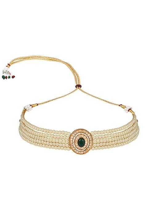 Gold Plated Traditional Handcrafted Stone Studded Pearl Choker Necklace Jewellery Set With Earrings