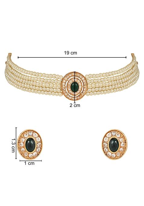 Gold Plated Traditional Handcrafted Stone Studded Pearl Choker Necklace Jewellery Set With Earrings