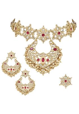Gold Plated Traditional Handcrafted Stone Studded Pearl Choker Necklace Jewellery Set With Earrings And Finger Ring