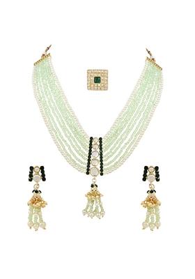 Gold Plated Traditional Kundan And Mint Bead Multi Strand Necklace And Finger Ring Set
