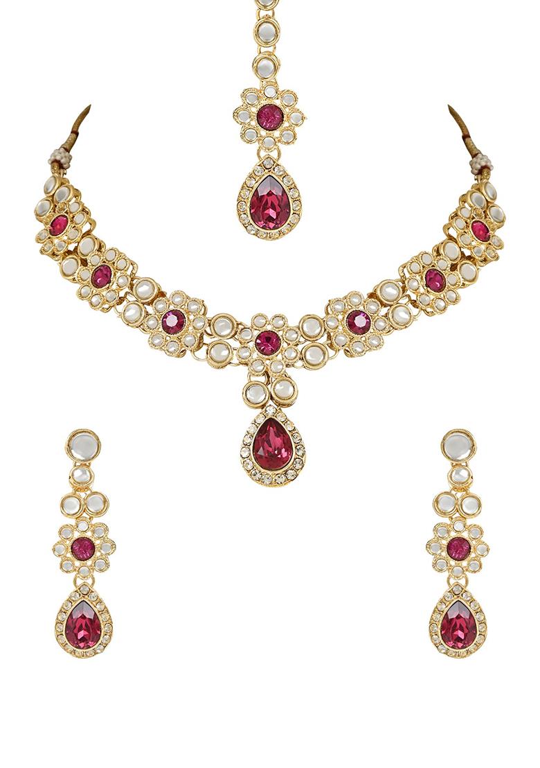Gold Plated Traditional Floral Design Kundan Stones Studded Necklace Jewellery Set With Earrings And Maang Tikka