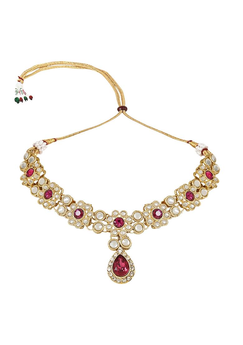 Gold Plated Traditional Floral Design Kundan Stones Studded Necklace Jewellery Set With Earrings And Maang Tikka
