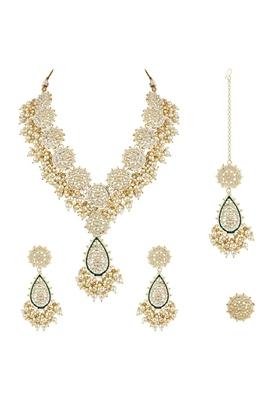 Gold Plated Traditional Pearl Kundan Meenakari Floral Necklace With Earring Maang Tikka And Finger Ring Set