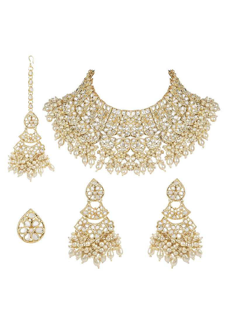 Gold Plated Traditional Pearl Kundan Studded Floral Bridal Choker Necklace With Earring Maang Tikka And Finger Ring Set - Indya