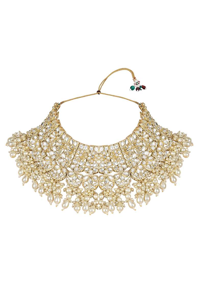 Gold Plated Traditional Pearl Kundan Studded Floral Bridal Choker Necklace With Earring Maang Tikka And Finger Ring Set - Indya