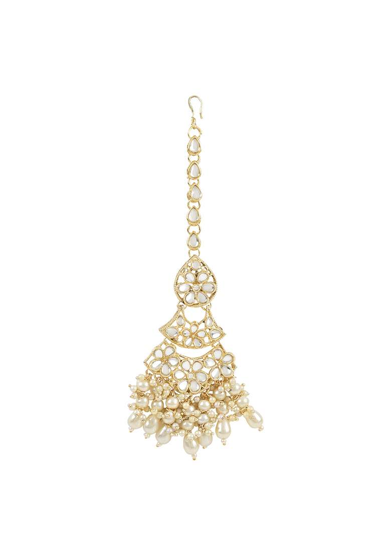 Gold Plated Traditional Pearl Kundan Studded Floral Bridal Choker Necklace With Earring Maang Tikka And Finger Ring Set - Indya