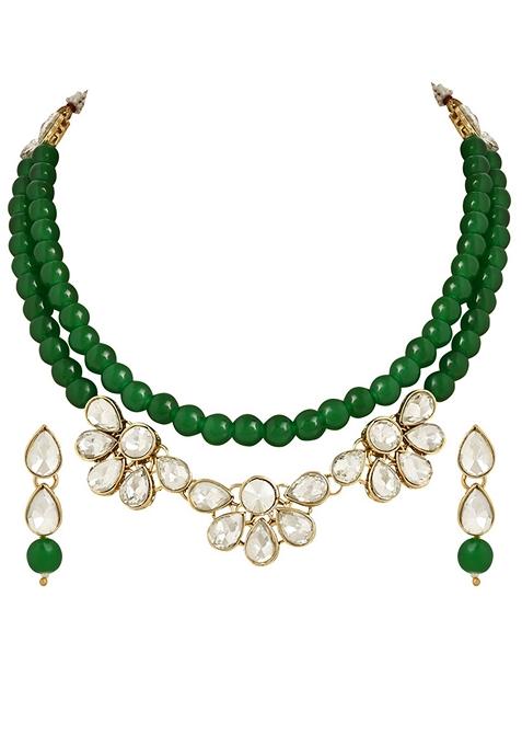 Gold Plated Traditional Kundan And Pearl Necklace Jewellery Set With Earrings