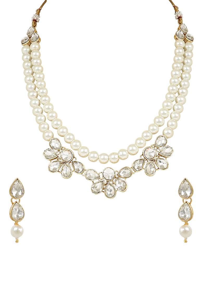 Gold Plated Traditional Kundan And Pearl Necklace Jewellery Set With Earrings