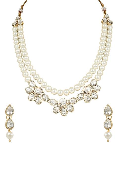 Gold Plated Traditional Kundan And Pearl Necklace Jewellery Set With Earrings