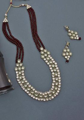 Gold Plated Traditional Stunning Maroon Meenakari Kundan Studded Pearl Necklace Jewellery Set With Earrings