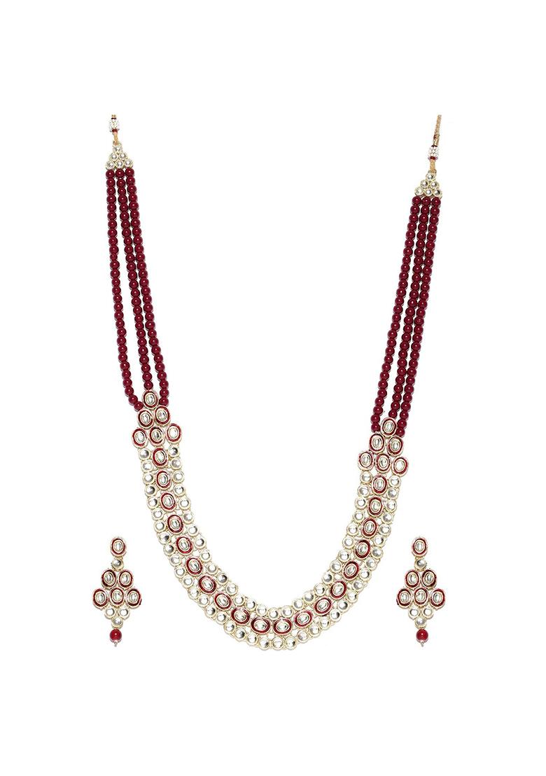 Gold Plated Traditional Stunning Maroon Meenakari Kundan Studded Pearl Necklace Jewellery Set With Earrings