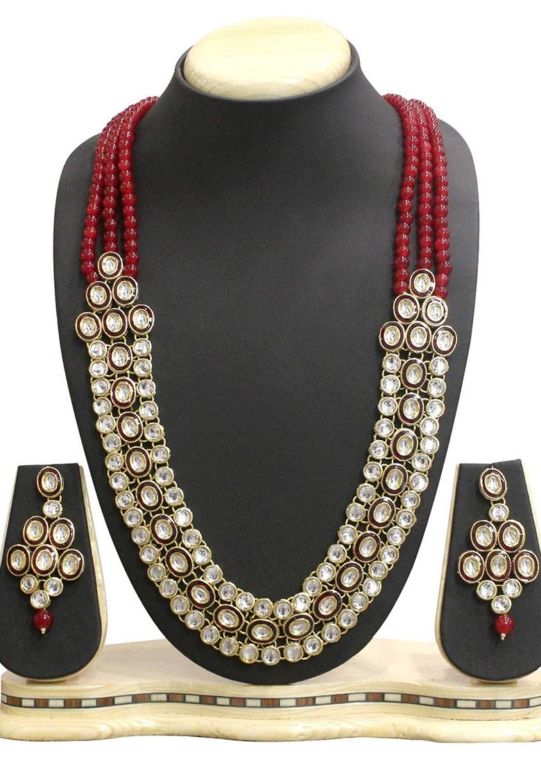 Gold Plated Traditional Stunning Maroon Meenakari Kundan Studded Pearl Necklace Jewellery Set With Earrings