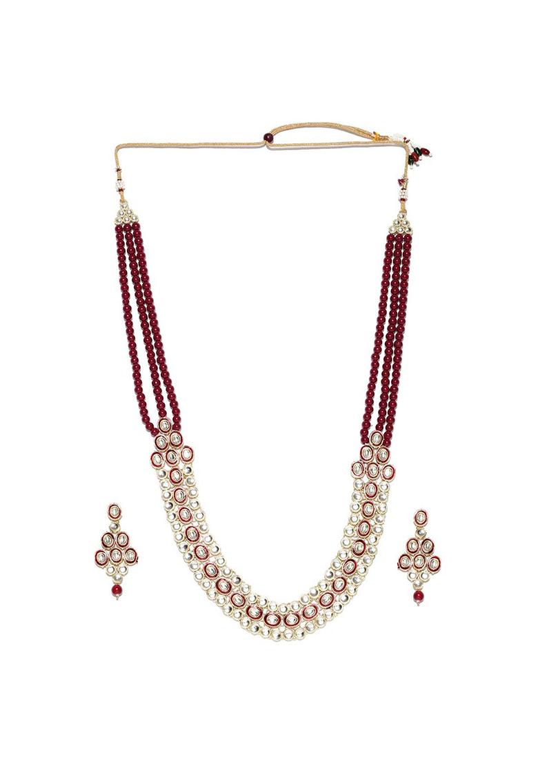 Gold Plated Traditional Stunning Maroon Meenakari Kundan Studded Pearl Necklace Jewellery Set With Earrings