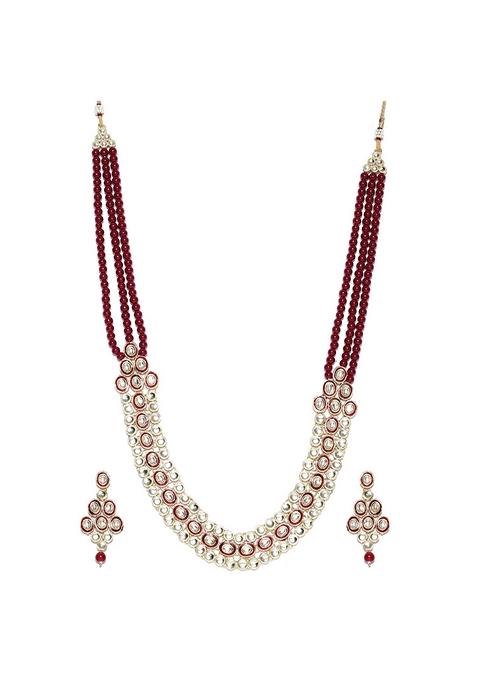 Gold Plated Traditional Stunning Maroon Meenakari Kundan Studded Pearl Necklace Jewellery Set With Earrings