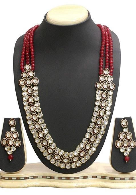 Gold Plated Traditional Stunning Maroon Meenakari Kundan Studded Pearl Necklace Jewellery Set With Earrings