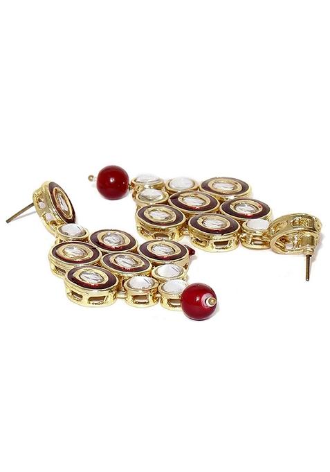 Gold Plated Traditional Stunning Maroon Meenakari Kundan Studded Pearl Necklace Jewellery Set With Earrings