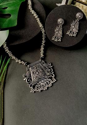 Navratri Ethnic Silver Oxidised Radha Krishna Long Necklace Jewellery With Jhumka Earrings Set