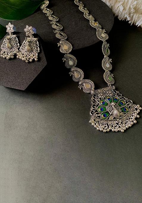 Navratri Ethnic Silver Oxidised Ghungroo Long Necklace Jewellery With Jhumka Earrings Set