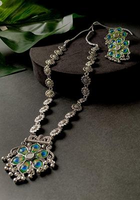 Navratri Ethnic Silver Oxidised Peacock Feather Ghungroo Long Necklace Jewellery Set