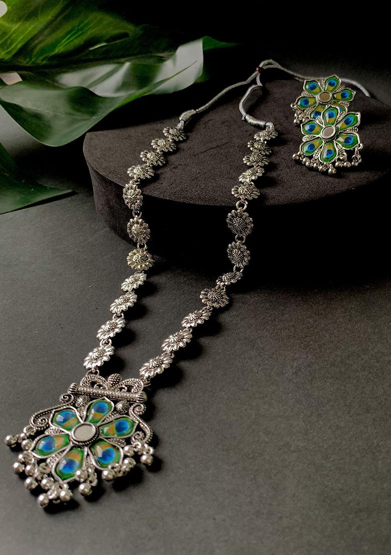 Navratri Ethnic Silver Oxidised Peacock Feather Ghungroo Long Necklace Jewellery Set