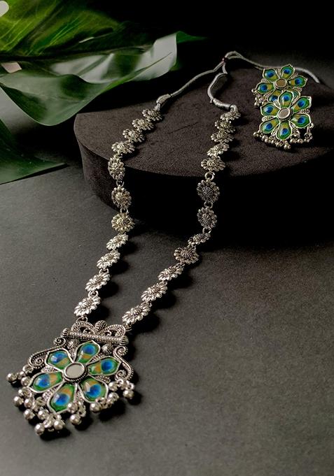 Navratri Ethnic Silver Oxidised Peacock Feather Ghungroo Long Necklace Jewellery Set