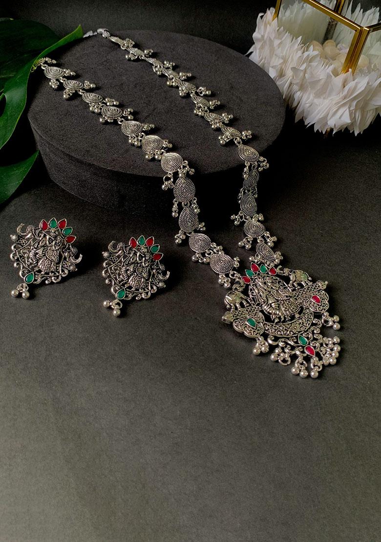Navratri Ethnic Stylish Silver Oxidised Radha Krishna Design Long Necklace Jewellery Set