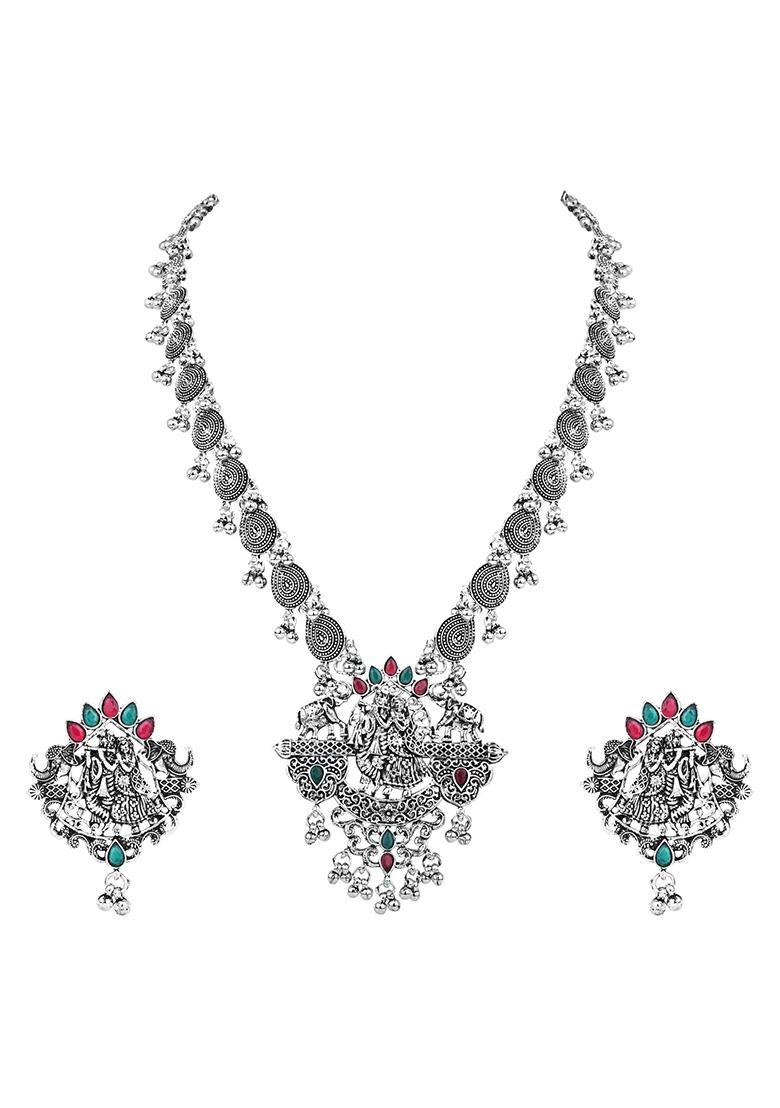 Navratri Ethnic Stylish Silver Oxidised Radha Krishna Design Long Necklace Jewellery Set