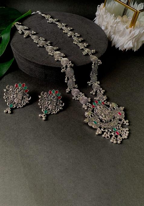 Navratri Ethnic Stylish Silver Oxidised Radha Krishna Design Long Necklace Jewellery Set