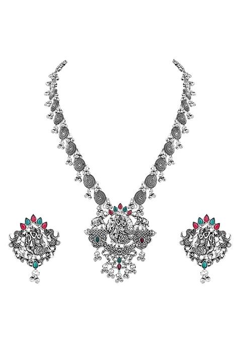 Navratri Ethnic Stylish Silver Oxidised Radha Krishna Design Long Necklace Jewellery Set