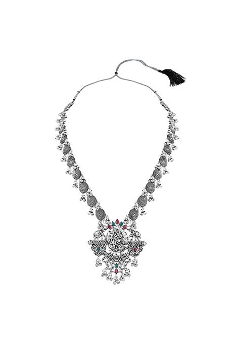 Navratri Ethnic Stylish Silver Oxidised Radha Krishna Design Long Necklace Jewellery Set