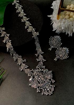 Navratri Ethnic Stylish Silver Oxidised Radha Krishna Design Long Necklace Jewellery Set